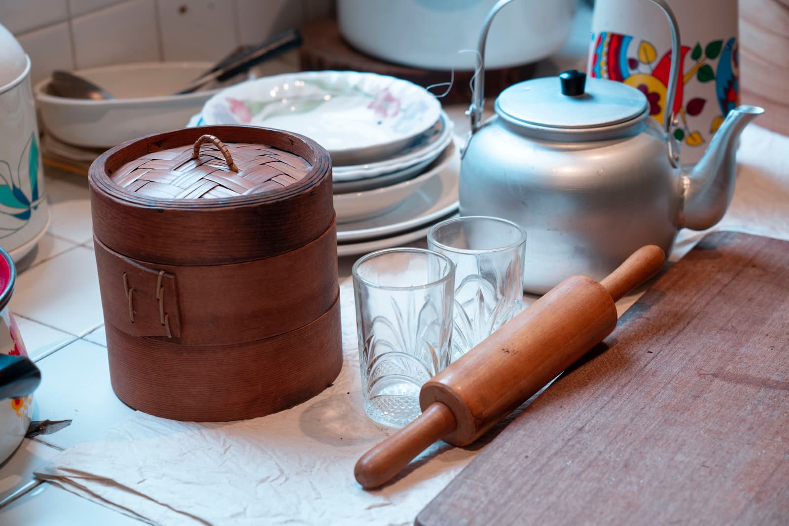 Kitchen tools laid out on a counter ready for use
